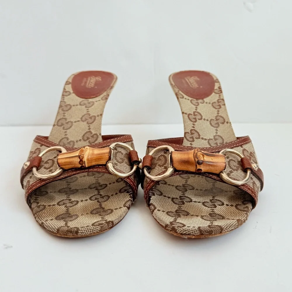 Gucci Brown Leather trim GG Supreme Canvas Bamboo Horsebit mule heels 9 - Picture 5 of 7